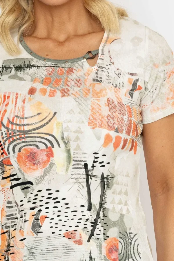 Abstract Printed Round Neck T-Shirt In Peach