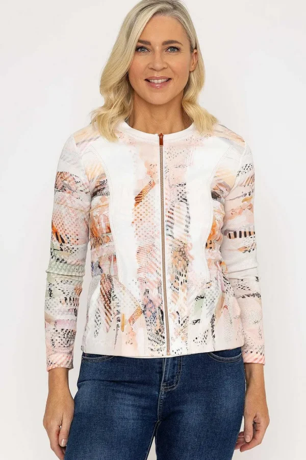 Abstract Printed Zip Up Jacket In Peach