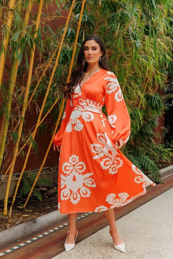 Alina Midi Dress In Orange Print