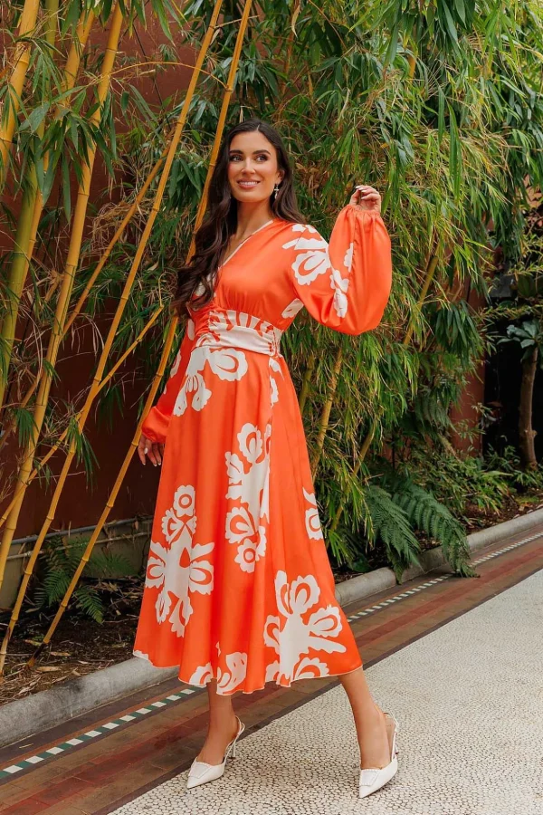 Alina Midi Dress In Orange Print
