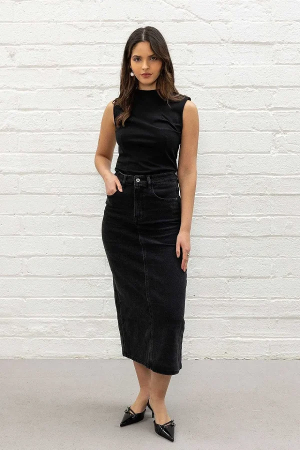 Black Denim Midi Skirt