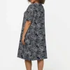 Black Monstera Print Short Sleeve Midi Dress