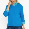 Blue Cable Knit Sweater With Shirt Collar