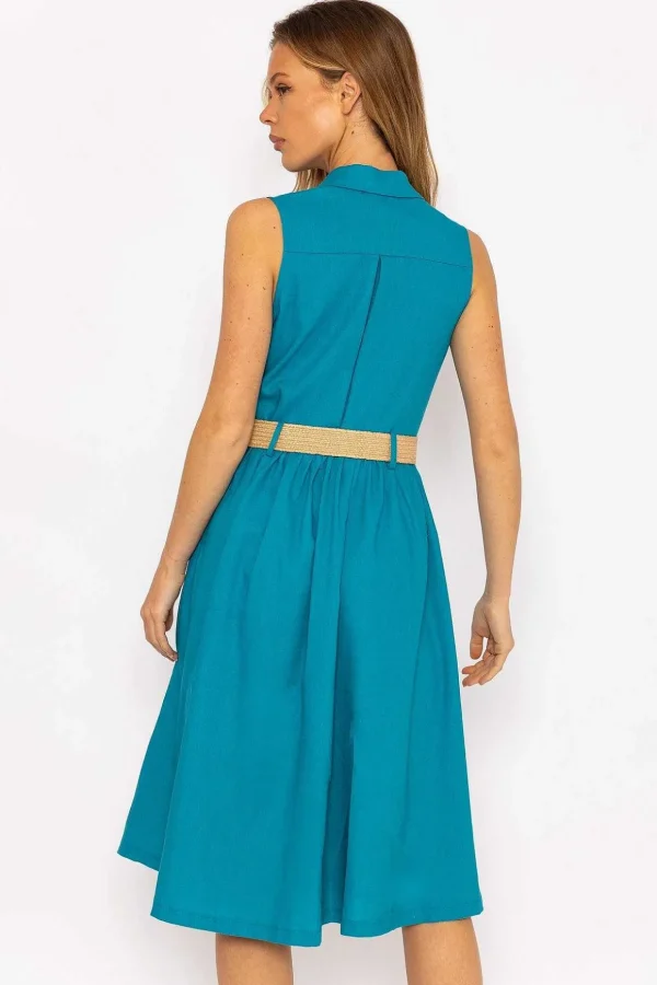 Blue Linen Sleeveless Shirt Dress