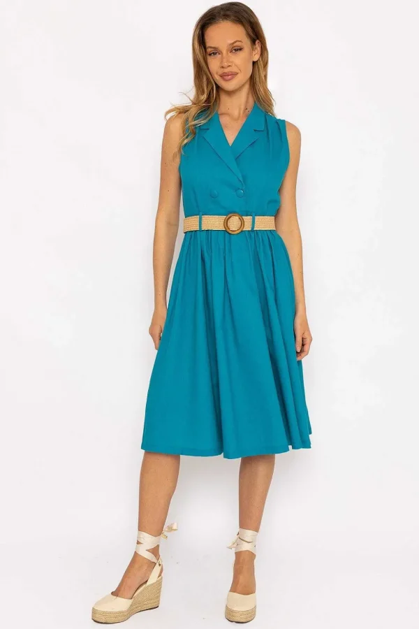Blue Linen Sleeveless Shirt Dress