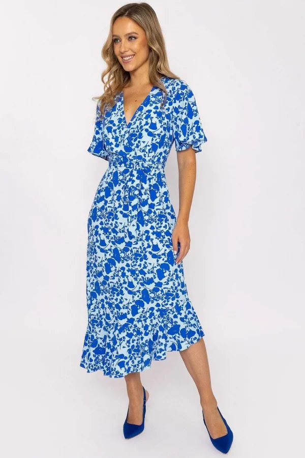 Blue Ruffle Wrap Midi Dress