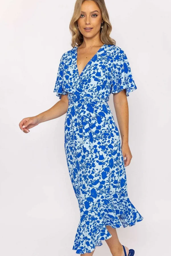 Blue Ruffle Wrap Midi Dress