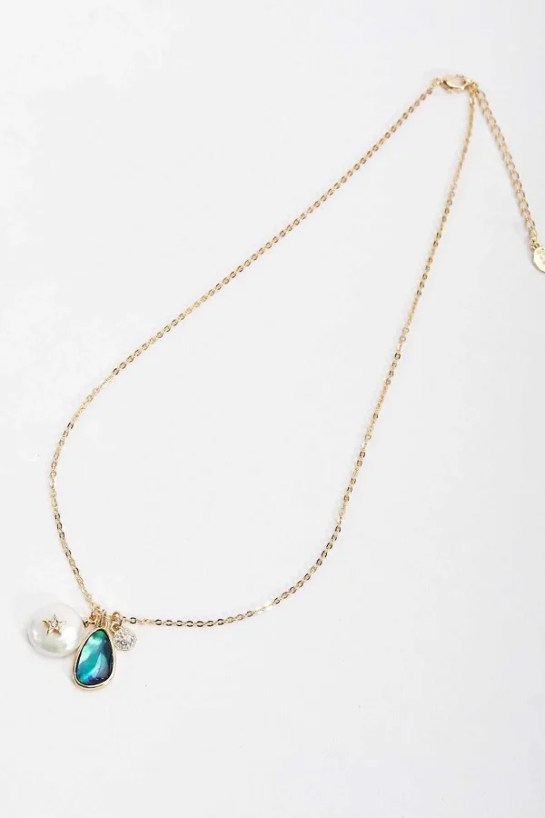 Blue Stone And Pearl Gold Charm Necklace