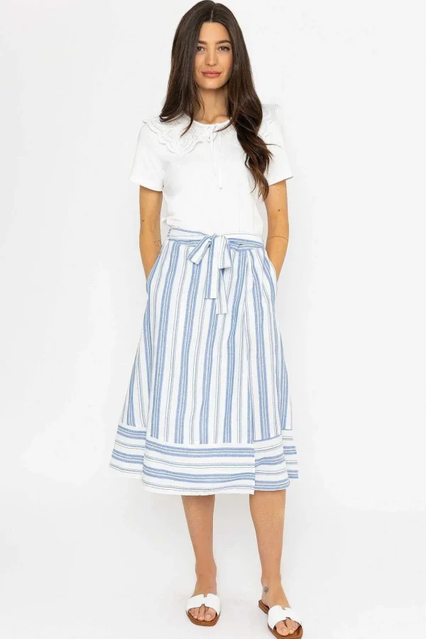 Blue Stripe Midi Skirt With Tie