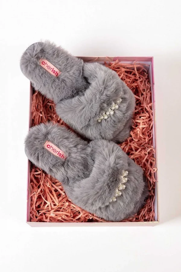 Boxed Embellished Slippers In Grey