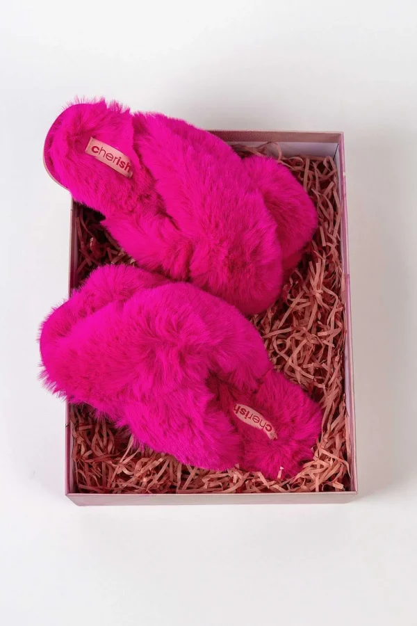 Boxed Faux Fur Quilted Slippers In Pink