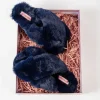 Boxed Navy Faux Fur Quilted Slippers