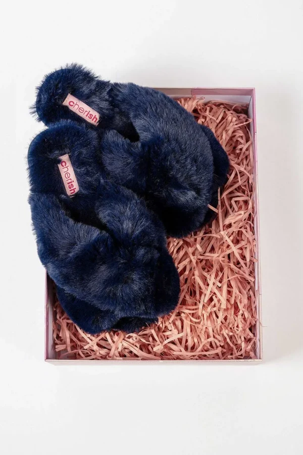 Boxed Navy Faux Fur Quilted Slippers