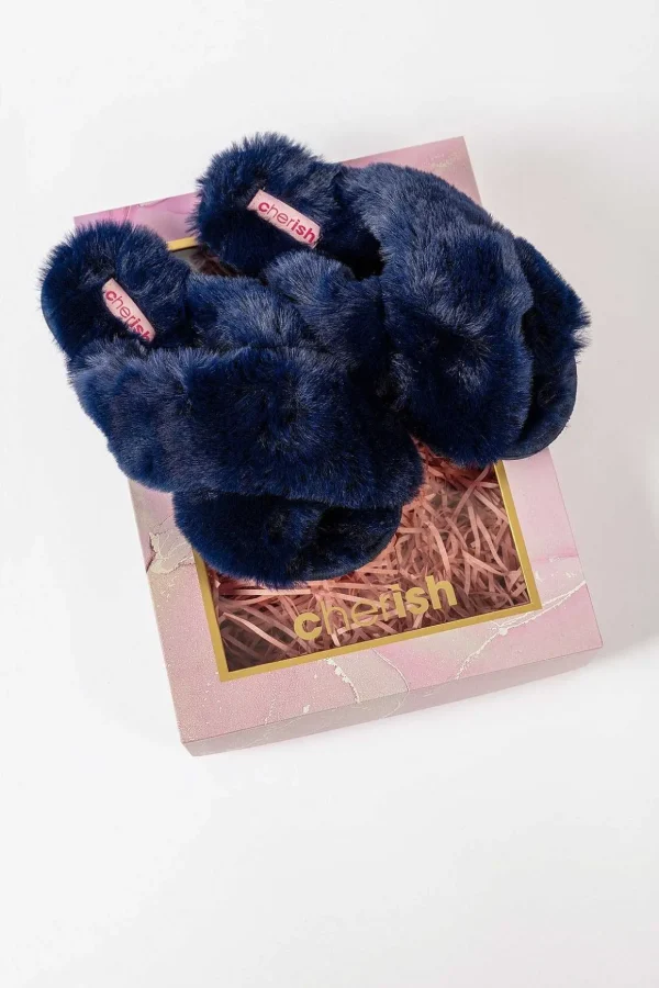 Boxed Navy Faux Fur Quilted Slippers