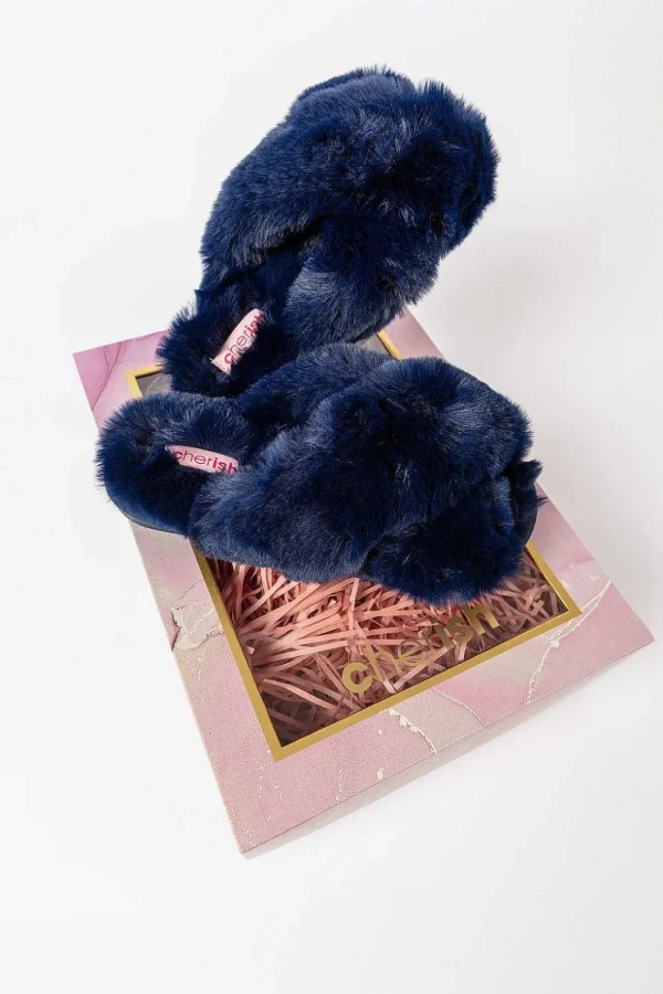 Boxed Navy Faux Fur Quilted Slippers