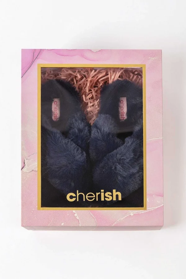 Boxed Navy Faux Fur Quilted Slippers