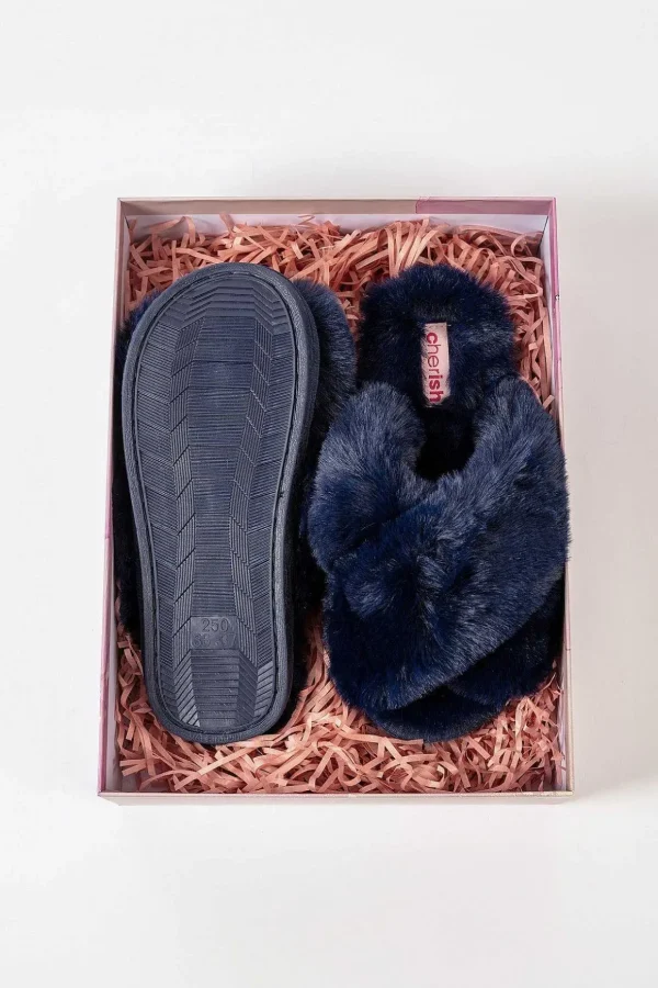 Boxed Navy Faux Fur Quilted Slippers