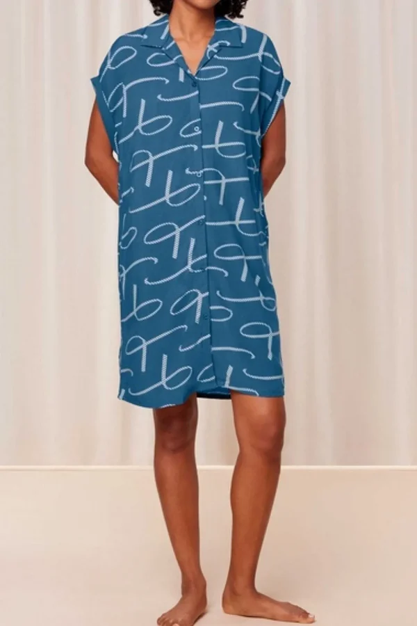 Boyfriend Fit Nightdress In Blue Print
