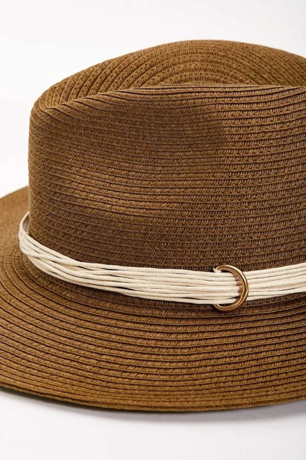 Brown Straw Hat With Gold Clasp Detail
