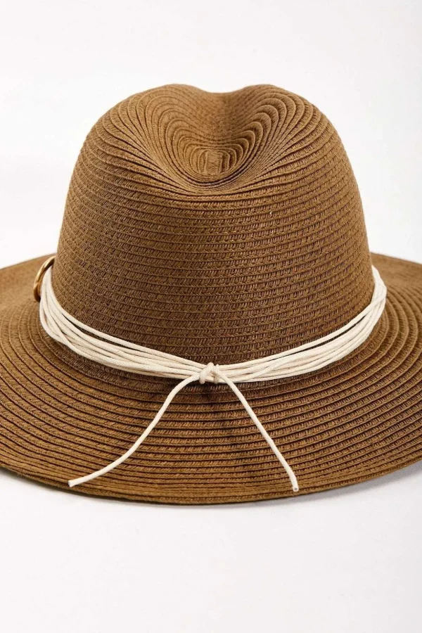 Brown Straw Hat With Gold Clasp Detail