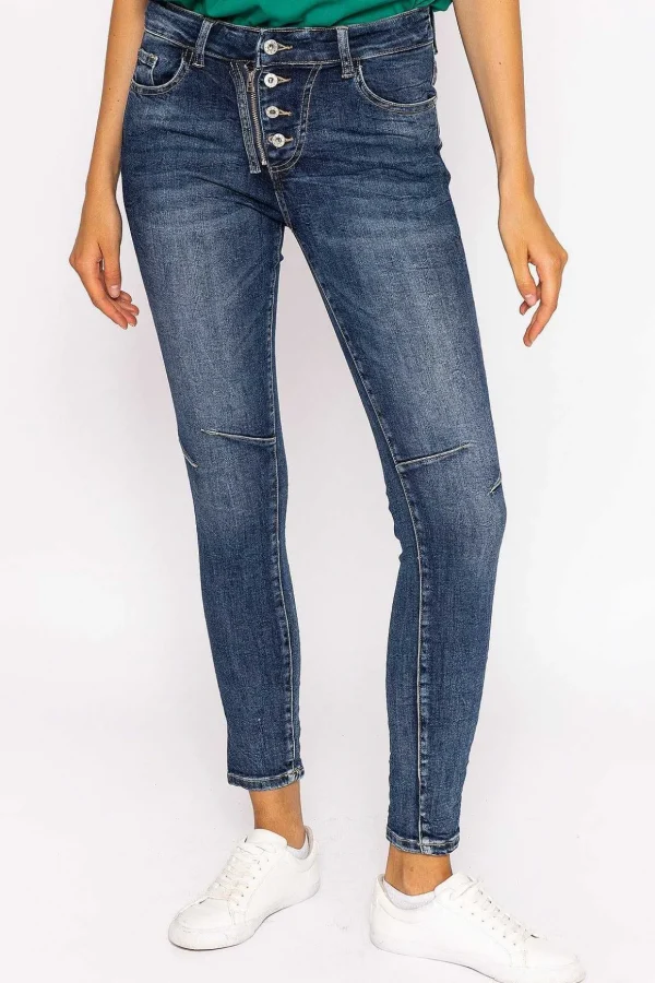 Button Front Jeans In Dark Denim