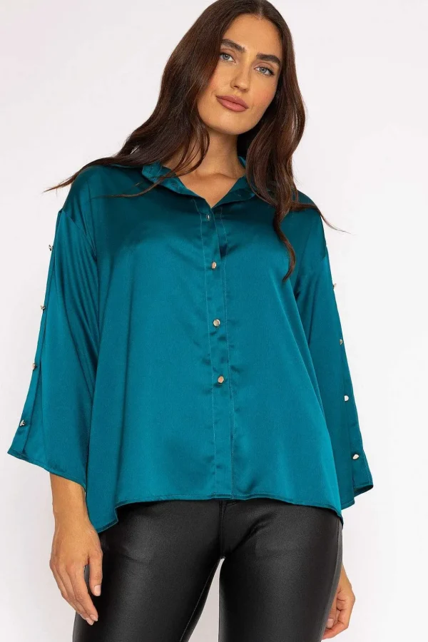 Button Sleeve Blouse In Teal