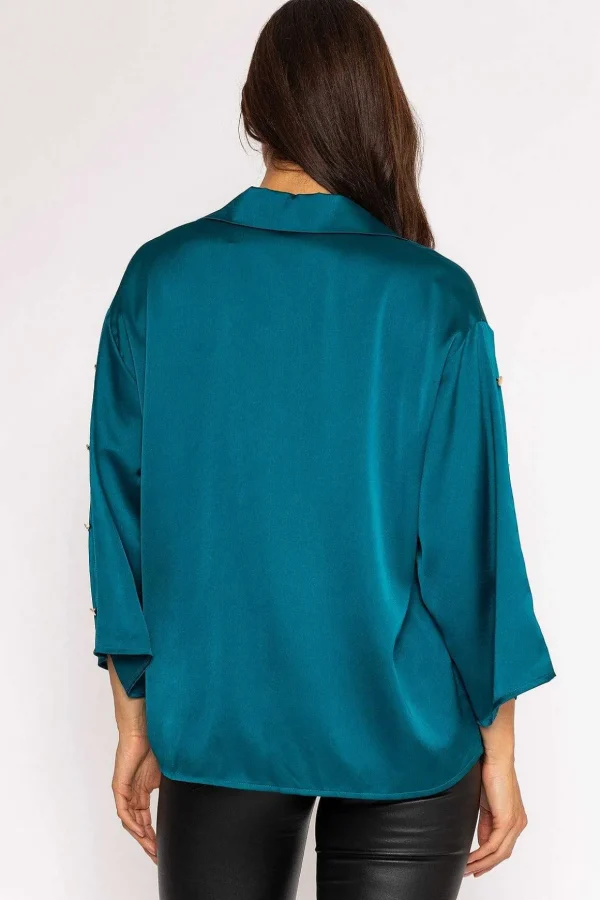 Button Sleeve Blouse In Teal
