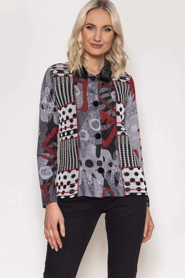 Buttoned Faux Fur Trim Top In Black