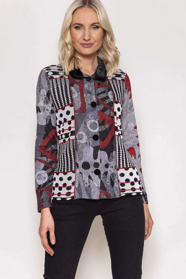 Buttoned Faux Fur Trim Top In Black