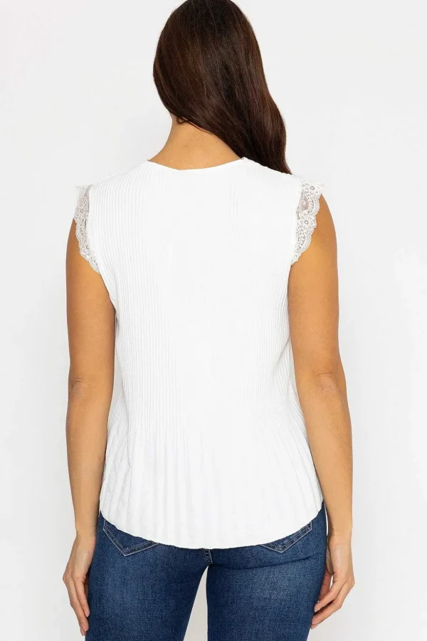 Cap Sleeve Lace Trim Pleated Top In Ecru