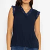 Cap Sleeve Lace Trim Pleated Top In Navy