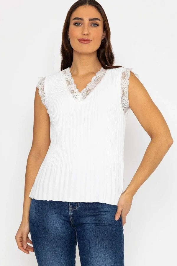 Cap Sleeve Lace Trim Pleated Top In Ecru