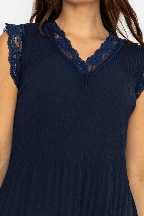 Cap Sleeve Lace Trim Pleated Top In Navy