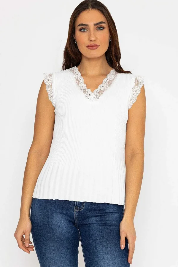 Cap Sleeve Lace Trim Pleated Top In Ecru