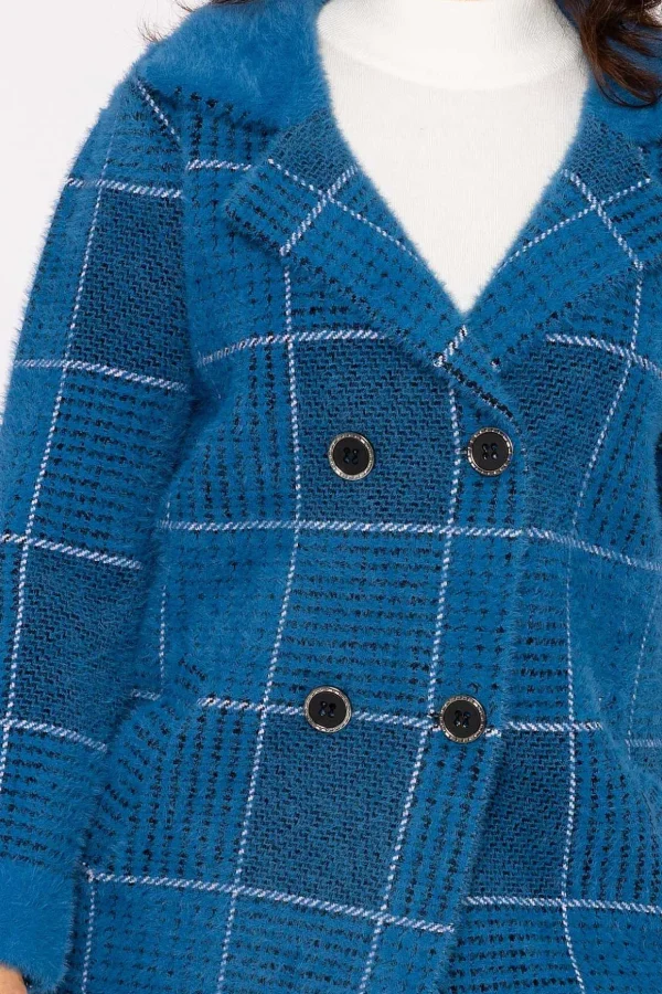 Check Buttoned Coatigan In Teal