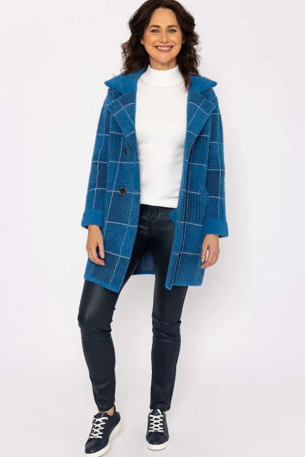 Check Buttoned Coatigan In Teal
