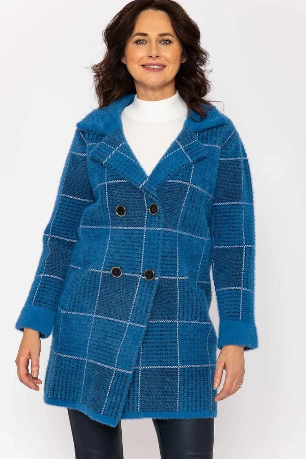 Check Buttoned Coatigan In Teal