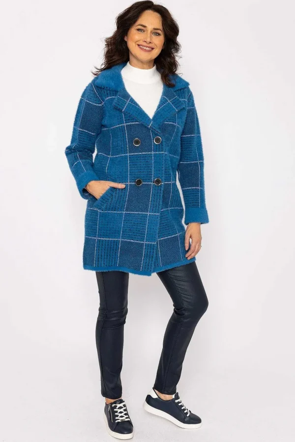 Check Buttoned Coatigan In Teal