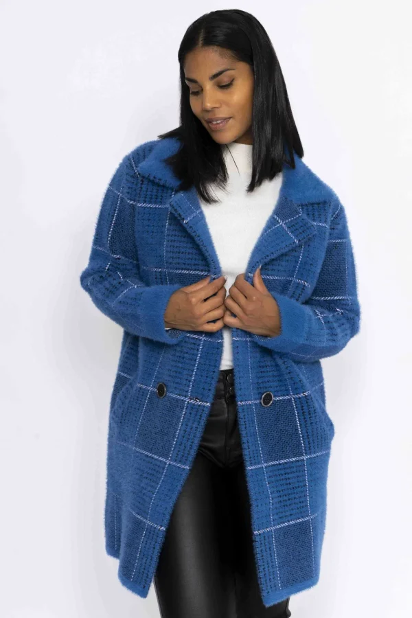 Check Buttoned Coatigan In Teal