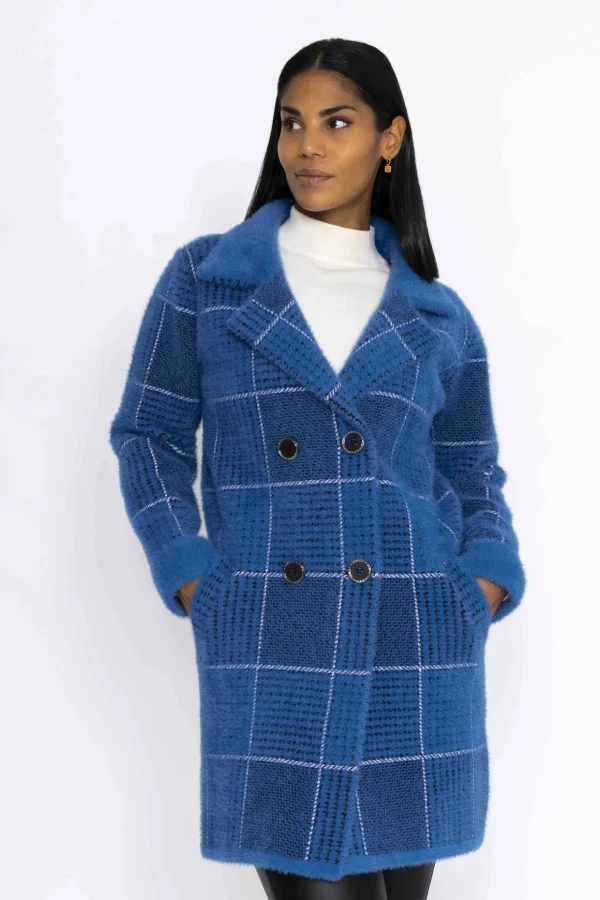 Check Buttoned Coatigan In Teal