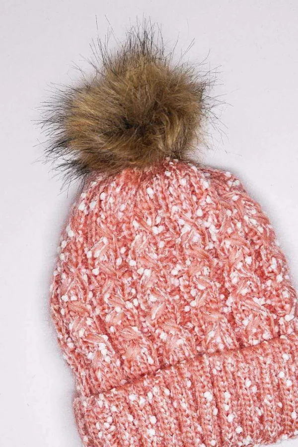 Chunky Knit Hat With Bobble In Multi Tone Pink