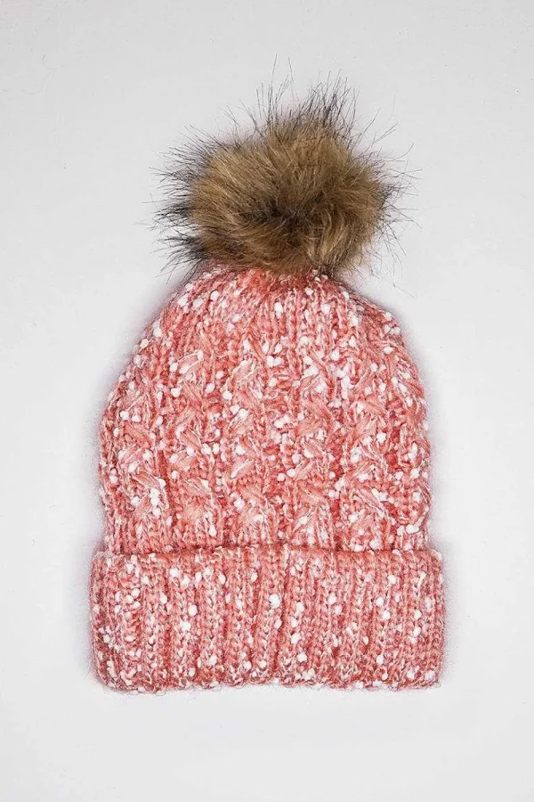 Chunky Knit Hat With Bobble In Multi Tone Pink