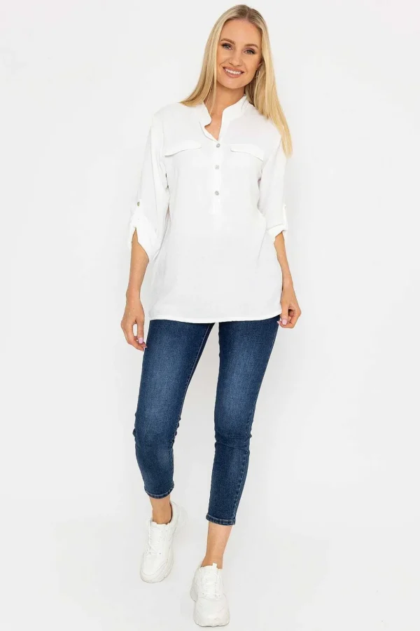 Collarless Shirt In Ecru