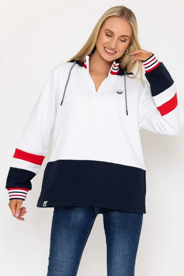 Colour Block Half Zip Hooded Sweatshirt In White