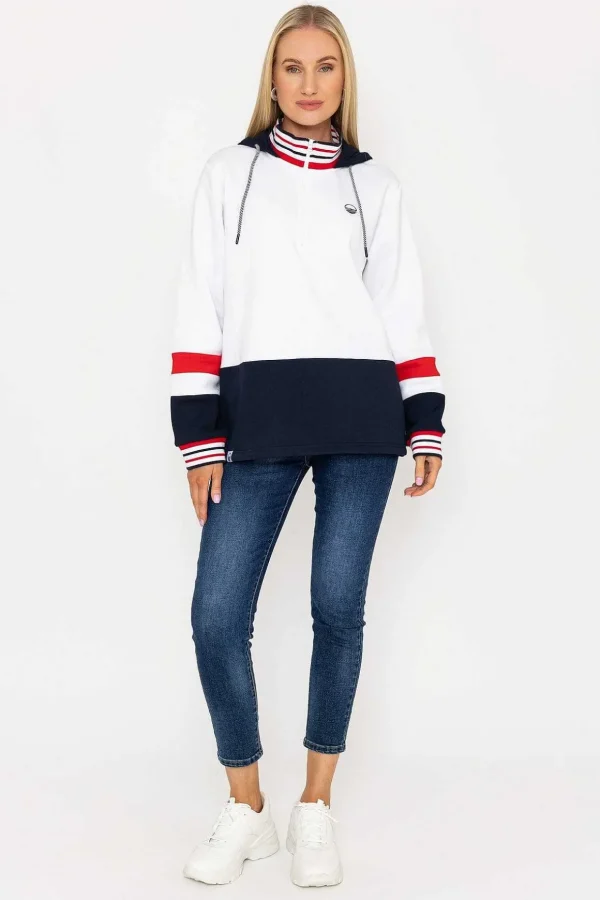 Colour Block Half Zip Hooded Sweatshirt In White