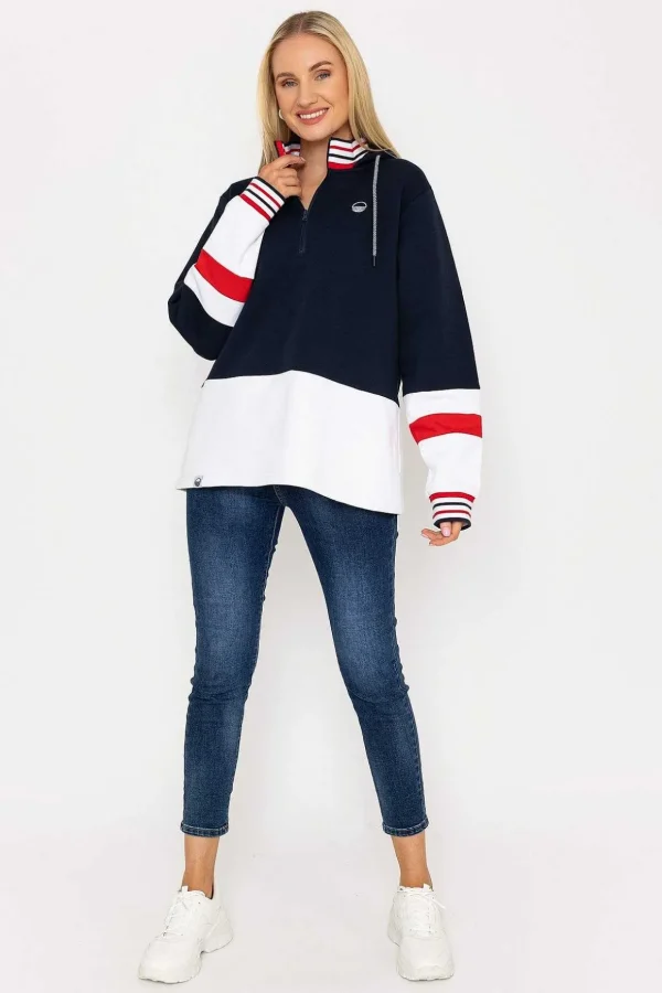 Colour Block Half Zip Hooded Sweatshirt In Navy