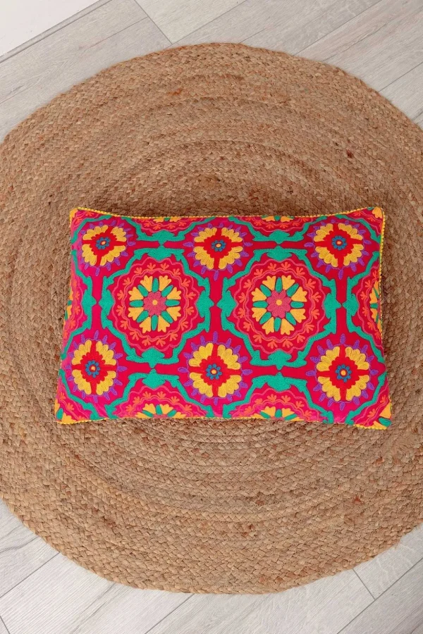 Coral Geometric Velvet Embroidered Cushion