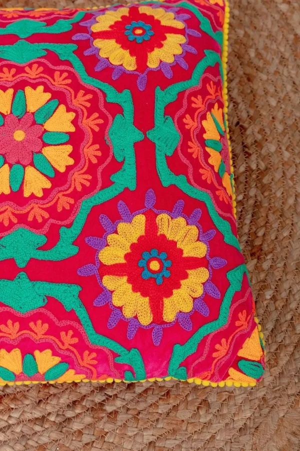 Coral Geometric Velvet Embroidered Cushion