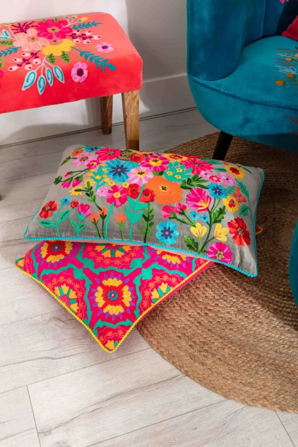 Coral Geometric Velvet Embroidered Cushion