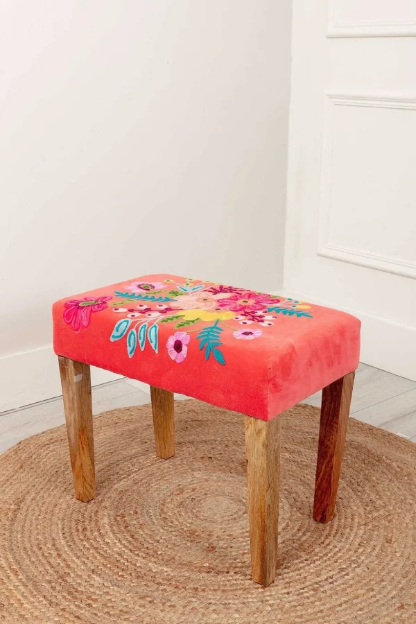 Coral Velvet Embroidered Floral Foot Stool